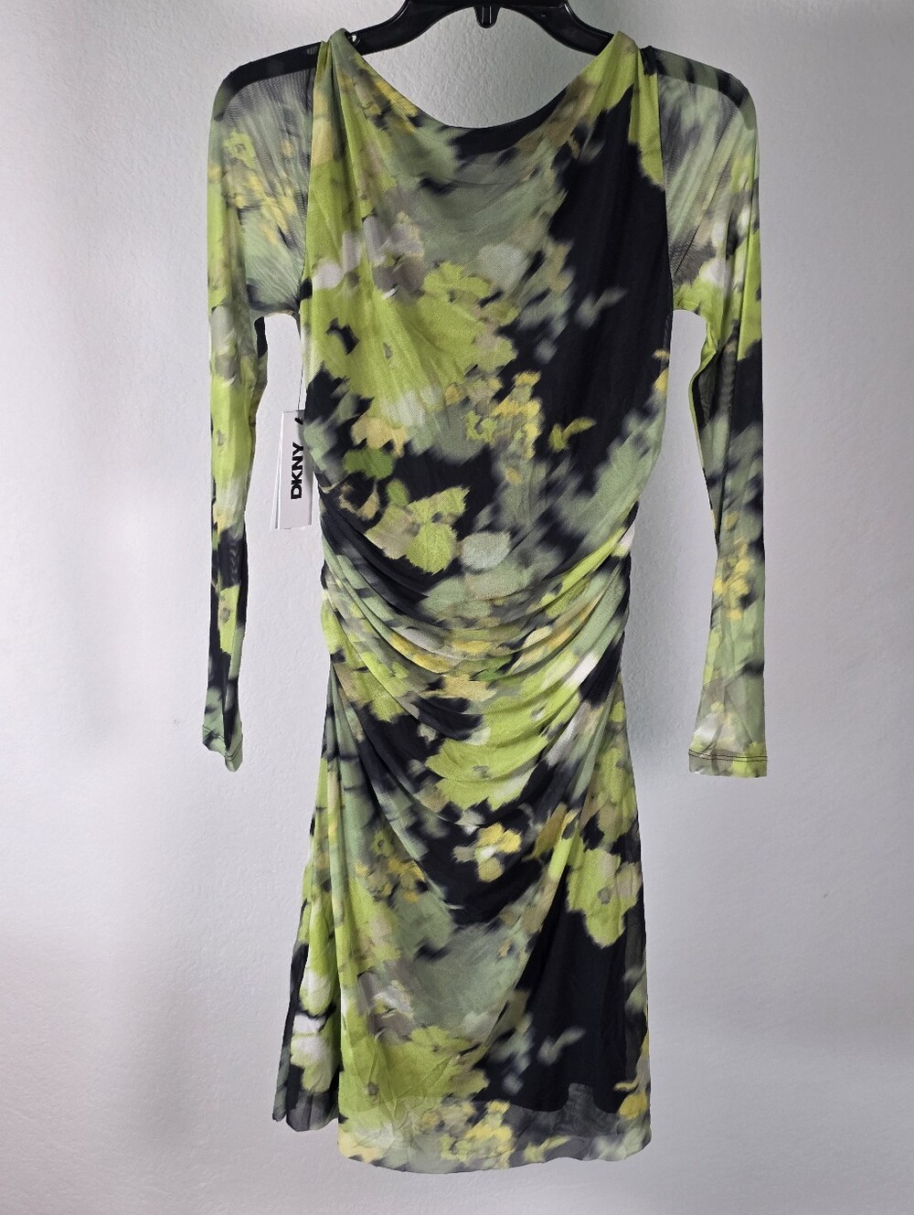 DKNY NWT Size 10P Green Floral Ruched Long Sleeve Mesh Midi Dress $129 - Picture 8 of 10